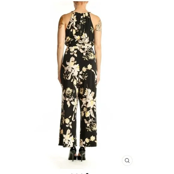 White House Black Market Floral Halter Jumpsuit Black Wide Leg Size L 10 - Picture 3 of 3